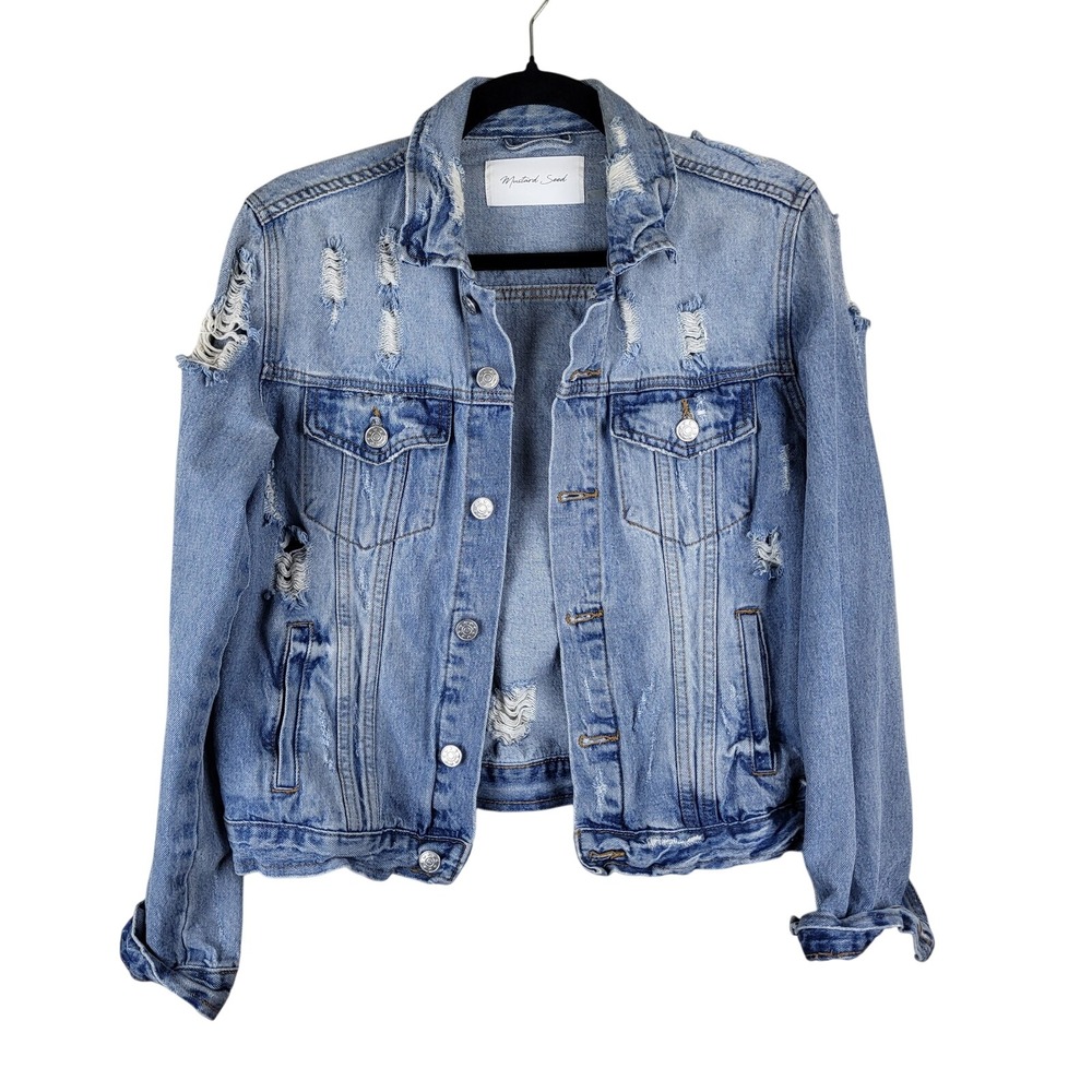 Mustard Seed Denim Jean Jacket Women's Small Blue Distressed Cropped Western